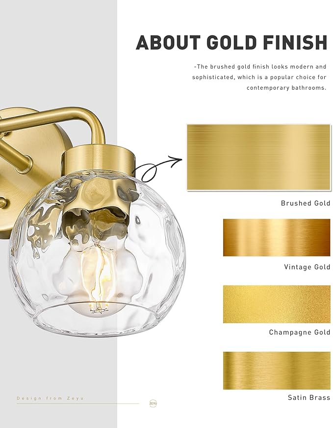 zeyu Modern Bathroom Vanity Light, 23 Inch 3-Light Gold Bathroom Light Fixtures, Water Ripple Globe Glass, Brushed Gold Finish, ZS62BG-3W BG-WG