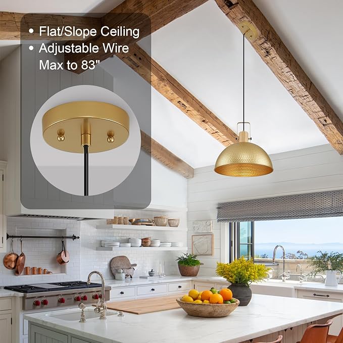 16 Inch Gold Pendant Lights Hammered Matte Pendant Lights for Kitchen Island Industrial Farmhouse Adjustable Height Dome Hanging Light Fixtures for Barn, Dining Room 1 Pack