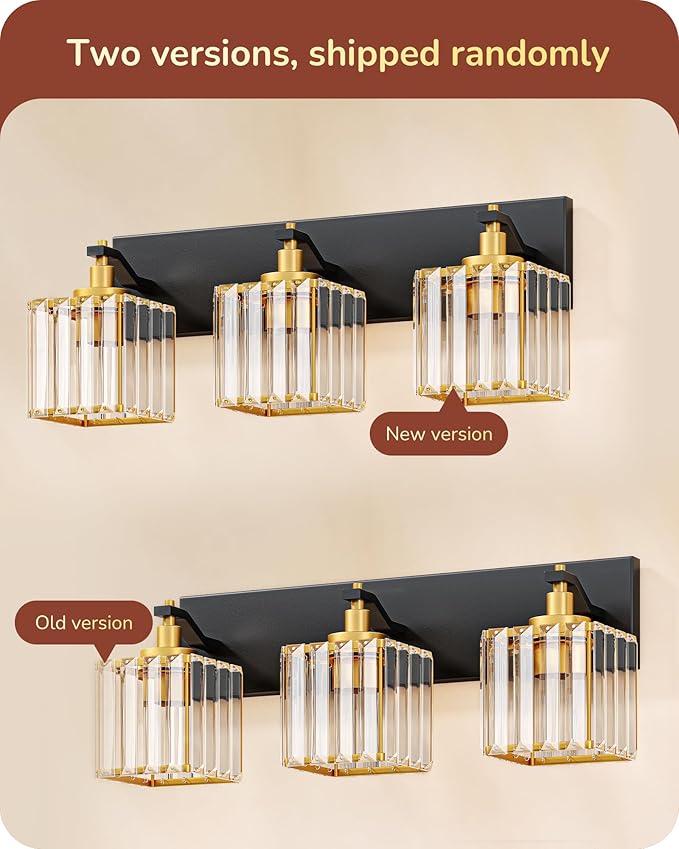 EDISHINE Bathroom Light Fixtures, 20.47'' Crystal Bathroom Vanity Lighting Fixtures Over Mirror, 3 Light Vanity Lights for Bath, Powder Room, Black and Gold, E26 Base