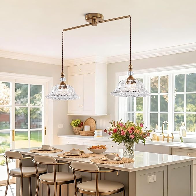 2-Light Vintage Pendant Light Fixtures for Kitchen Island Brass Gold 10.6" Glass Small Pendant Lights Adjustable Hanging Light for Hallway Porch Sink Table