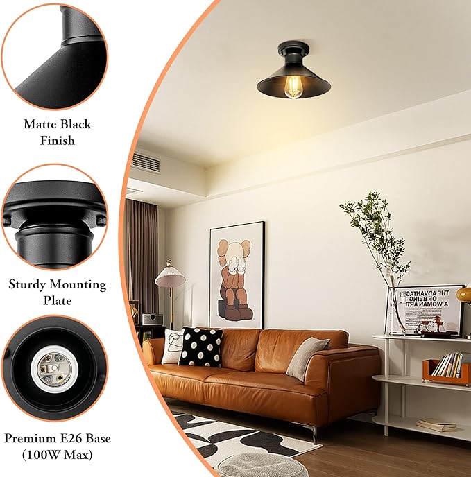 Brightever 2-Pack Industrial Semi Flush Mount Ceiling Lights, Matte Black Farmhouse Light Fixtures, Close to Ceiling Lights for Kitchen, Laundry Room, Entryway, Hallway E26 Base, Bulb not Included