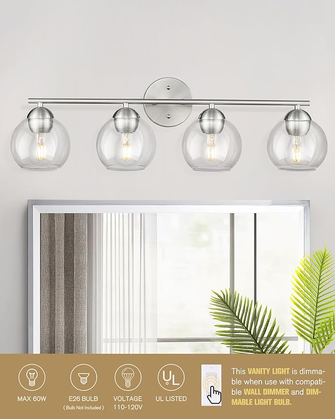 Emak mak 4-Light Bathroom Vanity Light, 29 Inch Brushed Nickel Bathroom Light, Globe Vanity Lighting with Clear Glass Shade for Bath, VL114-BN-4