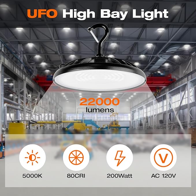 SYLVANIA ValueLED UFO LED High Bay Light, 200W, 22000 LMS, 80 CRI, 5000K, Daylight, Black, 120V with 6' Cord/Plug, High Bay Led Shop Lights for Commercial Factory Barn Garage, UL Listed-6 Pack (67261)