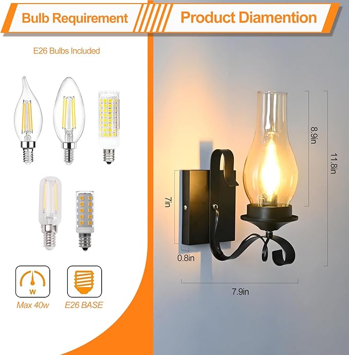 4 Pack Rustic Wall Sconces, Black Hardwired Farmhouse Industrial Wall Sconce Indoor Retro Wall Lamps with Amber Glass, Vintage Bathroom Sconces Wall Lighting Lantern