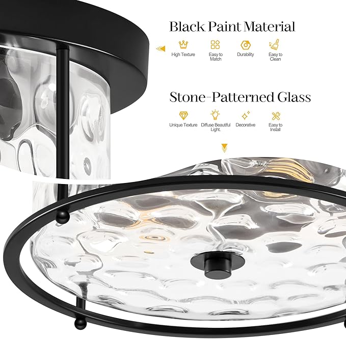 LamQee Flush Mount Ceiling Light with Clear Hammered Glass, Industrial 2-Lights Farmhouse Close to Ceiling Light Fixtures Round Low Profile Lights for Kitchen Hallway Foyer Entrance Bedroom Black