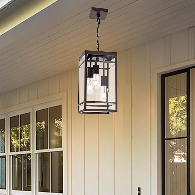 Large Outdoor Pendant Light Fixture for Porch, Oil Rubbed Bronze Outdoor Hanging Lantern Pendant Light with Clear Glass, 3 Lights Exterior Porch Chandelier for Outside Patio,Front Door,Enterway
