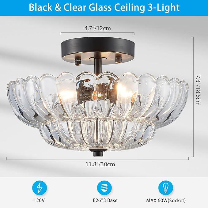 XINGQI Semi Flush Mount Ceiling Light Fixture Modern Black 3-Light Scalloped Glass Close to Ceiling Lighting for Living Room Entryway Bedroom Closet Hallway (Bulb Not Included)