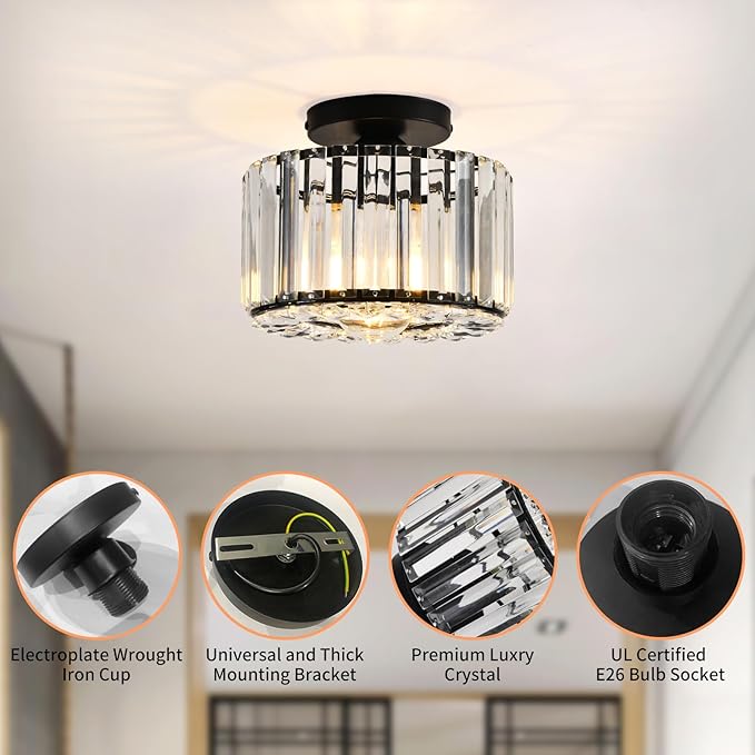 Crystal Ceiling Light, Semi Flush Mount Ceiling Light Black Crystal Chandelier for Bedroom Kitchen Hallway Entrance Balcony Dining Rooms Living Rooms Bar