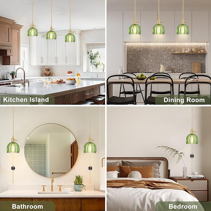 Plug in Pendant Light Fixtures, Hanging Light Fixture Vintage Glass Pendant Light, Mini Green Tulip Hanging Lamp, Pendant Lighting for Kitchen Island, Bedroom, Dining Room, Living Room