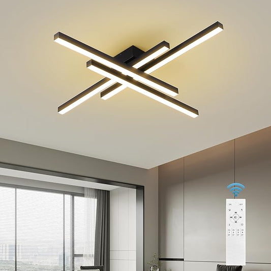 JAYMP 43.3" Modern Ceiling Light with Remote, Black Sputnik Ceiling Lamp, 64W Dimmable LED Lighting Fixture for Dining Room, Living Room, Kitchen Island, 4 Lights