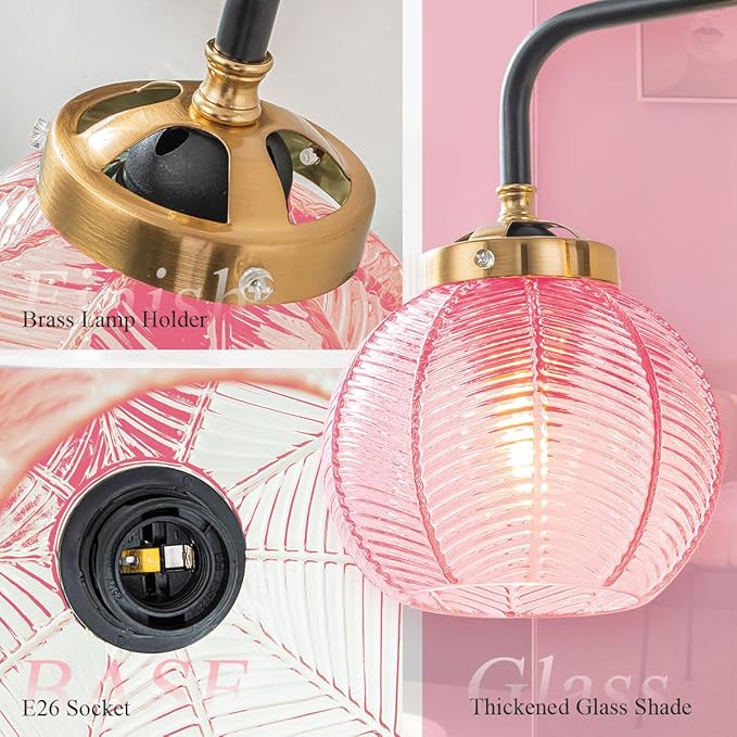 Modern Bathroom Light Fixture Pink Wall Lights with Ribbed Glass Shade 3-Lights Vintage Black Vanity Light Over Mirror Wall Sconce Decor Lighting Fixtures for Bath Farmhouse Bedroom