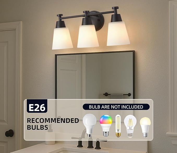 3 Light Bathroom Vanity Light, Modern Matte Black Stainless Steel Over Mirror Vanity Light Fixture with Frosted Glass, Wall Sconces Lighting for Bedroom Living Room