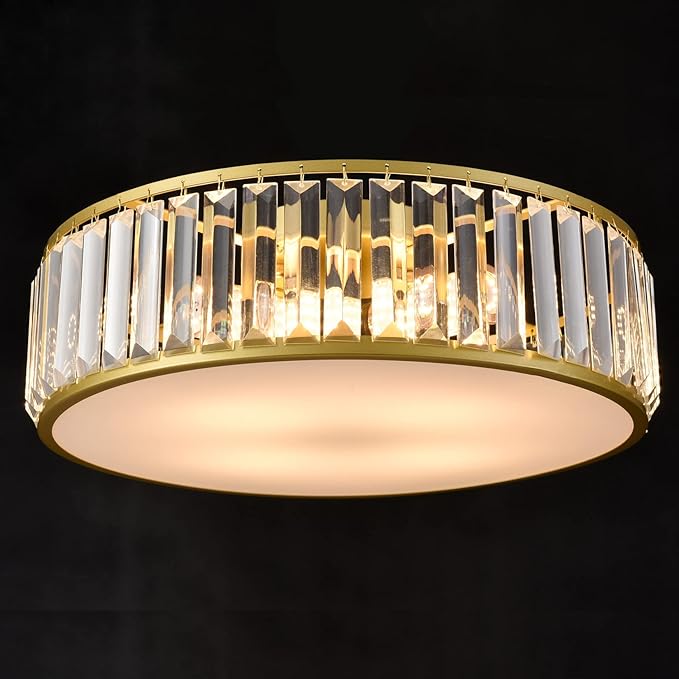 Gold Flush Mount Ceiling Light Crystal Ceiling Light Fixtures Modern 4-Light Drum Shade Flush Mount Crystal Ceiling Lighting for Living Room Bedroom, 16-Inch