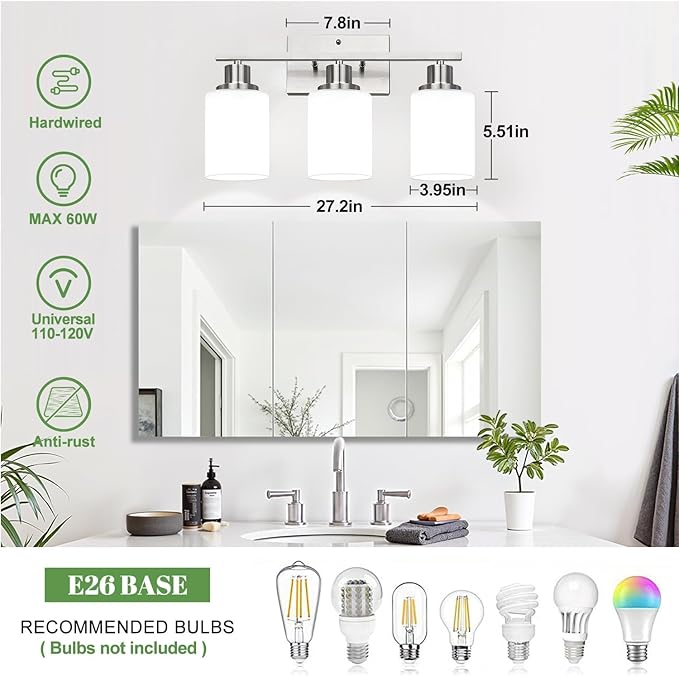 MOKATNG 3-Light Bathroom Light Fixtures, Brushed Nickel Vanity Light with Milky White Shades, Bathroom Lighting Fixtures Over Mirror, Modern Bathroom Wall Lamp for Mirror Living Room Cabinet Bedroom