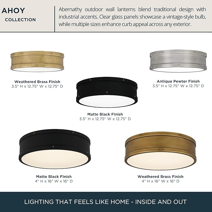Quoizel Ahoy 12.75" Flush Mount Drum Light, Weathered Brass, Damp Location Rated, Integrated LED 1700 Lumens, Dimmable