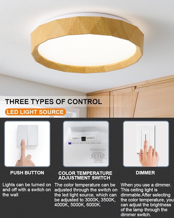 ANYLOVE 15 inch LED Flush Mount Ceiling Light Fixture,3000K 4000K 5000K Adjustable Ceiling Lights, Farmhouse Oak Wood Grain Ceiling Light for Bedroom Hallway Bathroom Kitchen