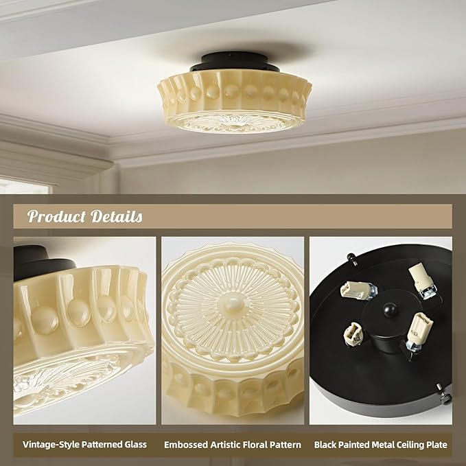 Schoolhouse Vintage Glass Ceiling Light - 14 Inch Cream Yellow Mid Century Modern Flush Mount Lighting Fixtures - Antique Art Deco Lamp for Bedroom Kitchen Entryway Laundry Hallway Foyer Bathroom Hall