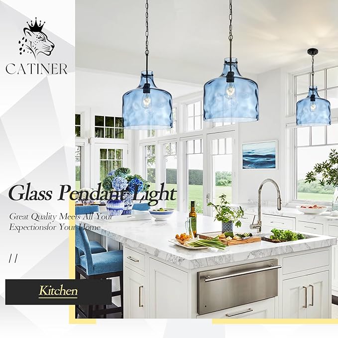CATINER 16" Extra Large Farmhouse Pendant Light – Hand-Blown Blue Hammered Glass Shade, Black Finish, Adjustable Chain Hanging Light Fixture for Kitchen Island, Dining Room, Hallway