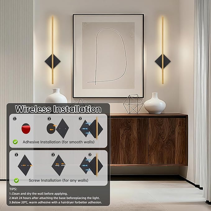 Battery Operated Wall Sconces Set of Two - Wireless Rechargeable Wall Light with Remote - Gold and Black Wall Lamp Dimmable Modern Home Decor for Bedroom Living Room Hallway Timing 31.5 Inch