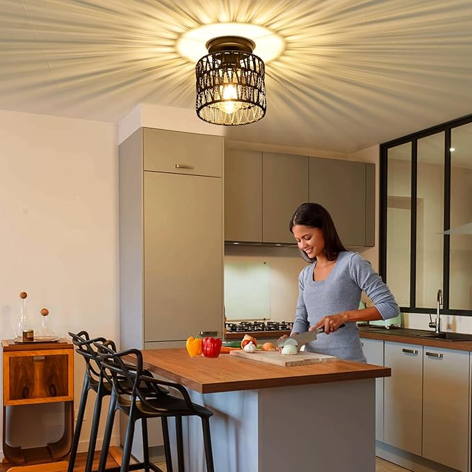 Ceiling Light Fixture,Hand-Woven Rattan Flush Mount Ceiling Light,Farmhouse Light Fixtures Ceiling Mount Boho for Hallway Bedroom Kitchen Entryway Living Room