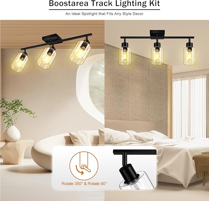 Track Lighting Fixtures Ceiling, 3-Light Track Light with Clear Glass Shade, 23" Modern Kitchen Lighting Ceiling with Rotatable Track Head, Black Wall Light for Vanity Hallway Bedroom(E26, No Bulb)