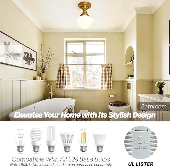 Modern Schoolhouse Semi Flush Mount Ceiling Light,Brass Gold Close to Ceiling Light Fixtures with Milky White Glass Hallway Ceiling Lamp for Laundry Kitchen Entryway Bathroom E26