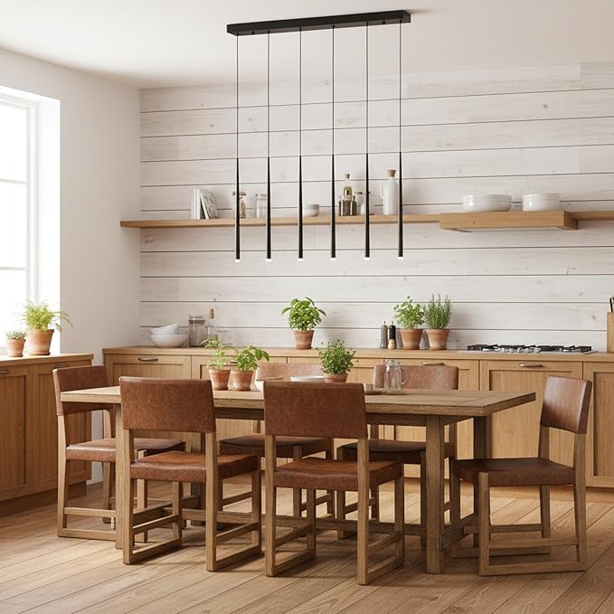 Modern Pendant for Kitchen Island, Linear Chandelier 6 Lights Cluster Bar for Dining Room, Black Warm White Dimmable