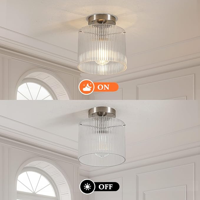 Modern Semi Flush Mount Ceiling Light, Industrial Clear Glass Ceiling Light Fixture, Crystal Ceiling Lamp, Modern Ceiling Lamps, Farmhouse Light for Entryway Hallway Kitchen Dining Room, Nickel