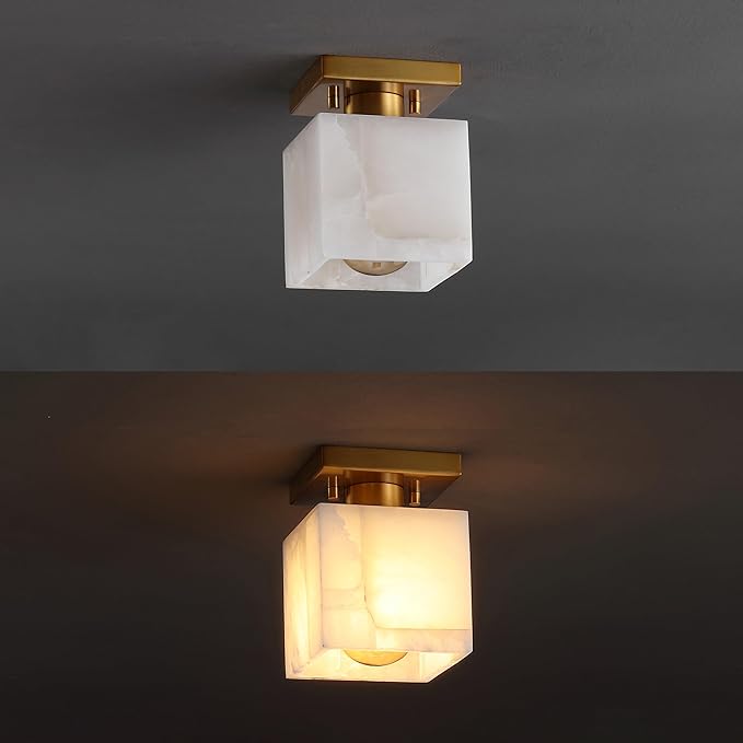 JONATHAN Y 5" White Marbling/Brass Gold Modern 1-Light Semi Flush Mount Ceiling Light for Bedroom, Cube White Alabaster Marble Shade, Mid-Century Minimalist Fixture, LED Bulb Included JYL1202A