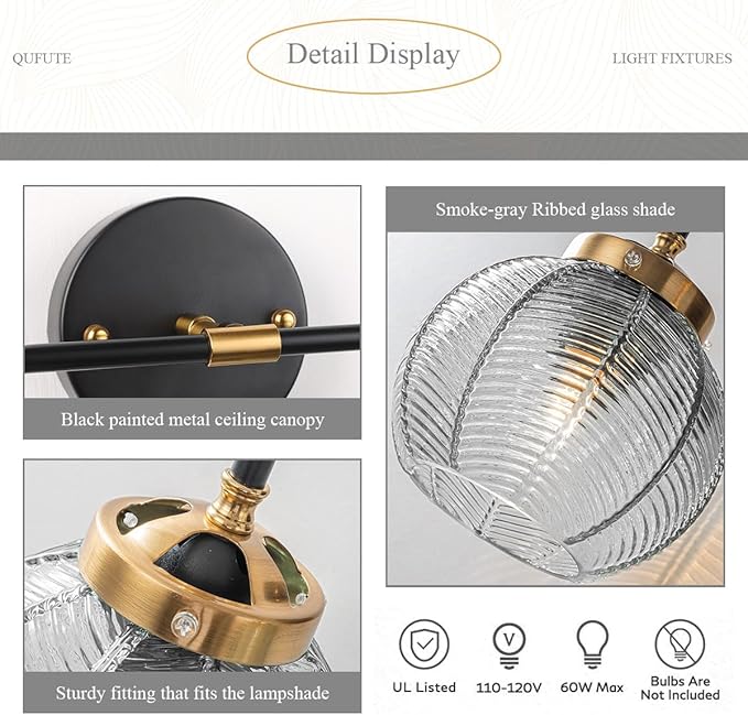 Vintage Bathroom Vanity Light Fixture Modern Wall Sconce Over Mirror with Ribbed Smoky Gray Globe Lamp Shade Mid Century Black Gold Vanity Lights Fixtures for Farmhouse Dining Room