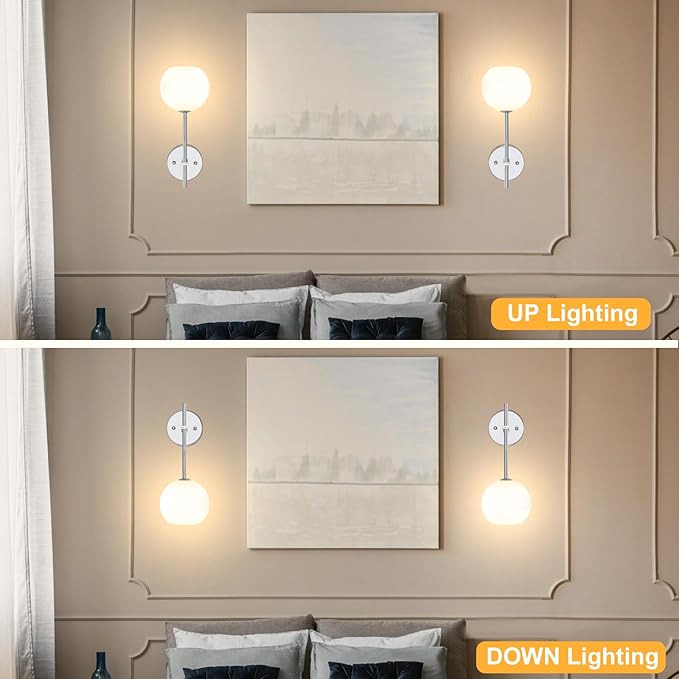 Chrome Battery Operated Wall Sconces Set of 2, Rechargeable Wireless Wall Lights with Milky White Frosted Glass, 12 RGB and 3CCT Dimmable, Wall Lamps with Remote for Bedroom Living Room Hallway