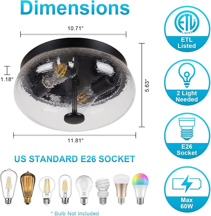 Motion Sensor Outdoor Ceiling Light, Black Modern Design Ceiling Light Fixture with Ripple Glass for Porch, Garage, Patio, Hallway, Entryway, Energy Efficient (2 Blub Needed)