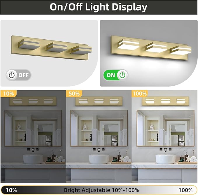 OKELI 3 Light Bathroom Vanity Light Gold Modern 24W LED Dimmable Vanity Light Over Mirror 350° Adjustable Lamp Head Cold White 6000K ETL Listed 22Inch