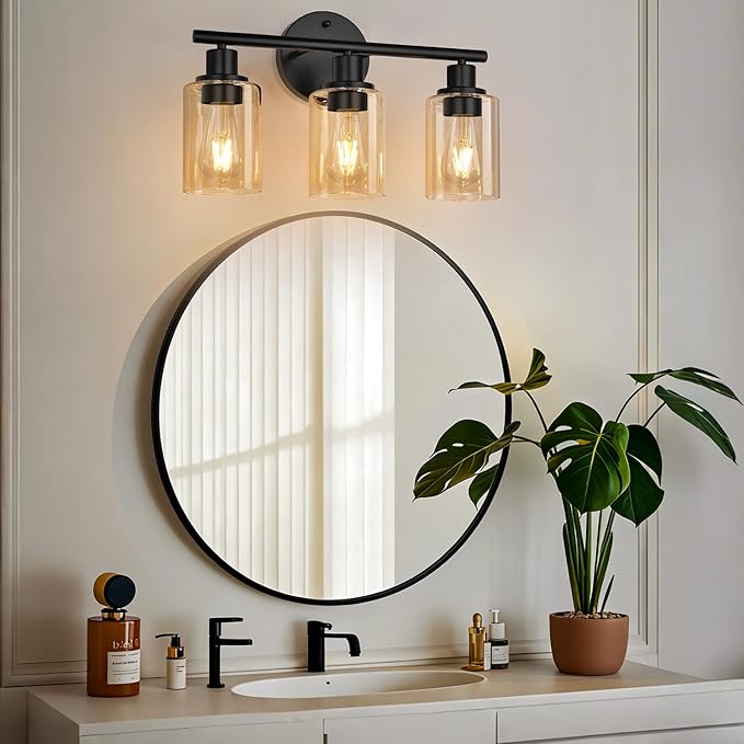 Zarbitta 3-Light Bathroom Light Fixtures, Black Modern Vanity Lights with Amber Glass Shades, Bathroom Wall Lamp for Mirror Kitchen Living Room Hallway Cabinet Porch