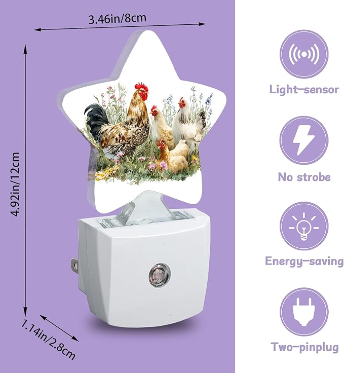Chickens Hens Decorative Nightlight Plug in Wall,Grass Star Shaped Night Light with Built in Sensor for Home Decor,Kitchen Hallway Stairs Desk Lamp