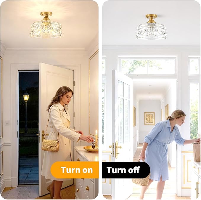 Vintage Gold Semi Flush Mount Ceiling Light Fixture, 3-Light Hallway Light Fixture with Thickened Glass, Close to Ceiling Light for Kitchen, Entryway, Foyer, E12