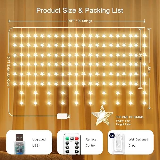 Star Curtain Lights Hanging Star Light for Window 140 Stars String Lights for Wall Décor USB Plug in 8 Modes Twinkle Fairy Lights for Christmas, Bedroom, Indoor, Outdoor, Weddings, Party (Warm White)