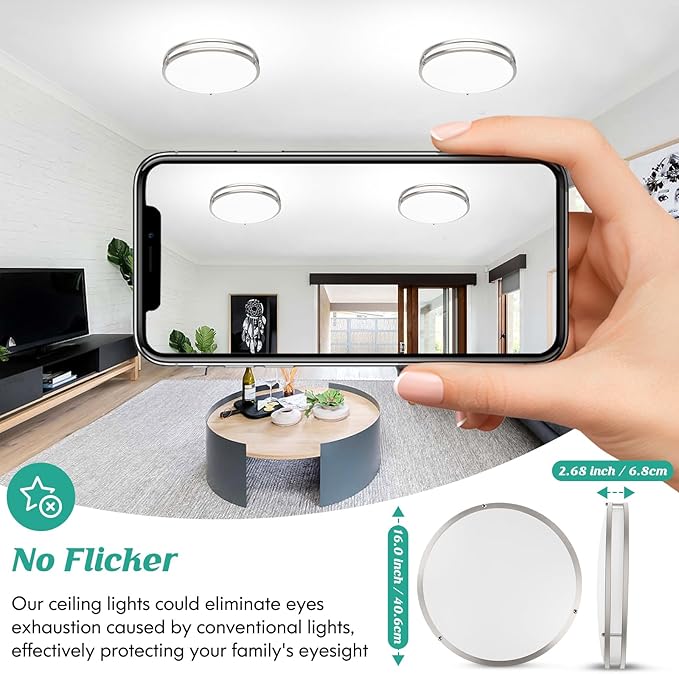 16 Inch LED Flush Mount Ceiling Light Fixture, Dimmable 5CCT Selectable 2700K Warm White-6500K Super Bright Daylight White, 50W 6000LM Round Brushed Nickle Ceiling Lamps for Living Room Kitchen, 2PACK
