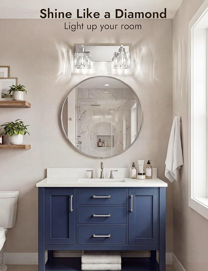 VOLISUN Chrome Bathroom Light Fixtures, Modern Stainless Steel Bathroom Lighting Fixtures Over Mirror, 2 Light Bathrooms Vanity Light, Crystal Vanity Light for Bathrooms-UL Certificated(Exclude Bulb)