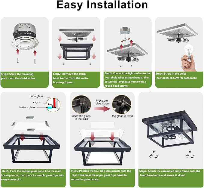 11.5in Outdoor Ceiling Light Fixture, Square Flush Mount Porch Lights, 2-Light, E26-based, Clear Tempered Glass Lampshade, Exterior Damproof Lamp for Hallway, Kitchen, Entryway, Foyer