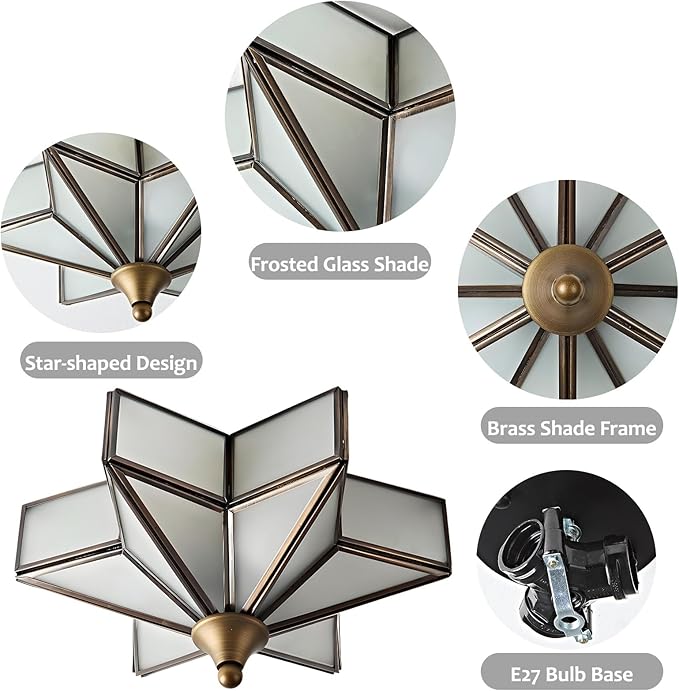 LIGHTLAND 11.8 Inch Flush Mount Star Ceiling Light, 3 Lights Brass Ceiling Lamp with Glass Lampshade, Art Deco Close to Ceiling Light Fixtures for Entryway Hallway Porch, Bronze Color