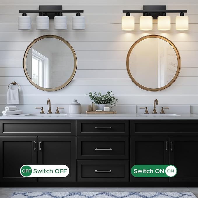 PARTPHONER Bathroom Light Fixtures, Bathroom Lighting Fixtures Over Mirror, Interior Classic Vanity Lights, Modern Vanity Light with Textured White Glass Shade, Matte Black, 4-Light