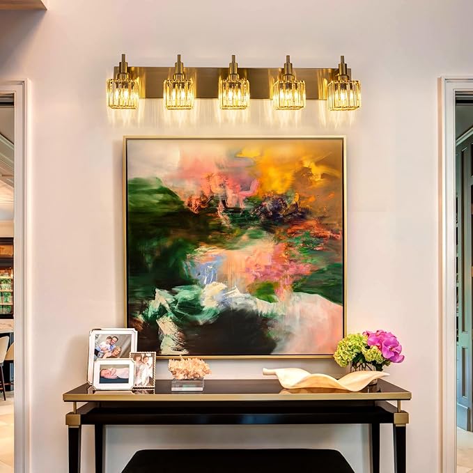 Gold Bathroom Vanity Lights, 5 Lights Crystal Bathroom Lighting Fixtures Over Mirror Modern Gold Crystal Wall Light