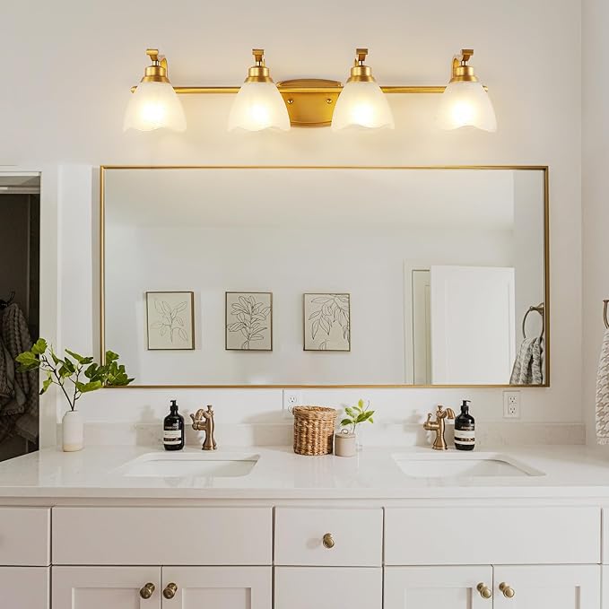 Bathroom Light Fixtures (4-Light, 32 Inch), Brushed Gold Vanity Lights for Bathroom with White Frosted Glass Shade, Modern Vanity Wall Lights for Mirror Bedroom Living Room Kitchen Hallway Porch