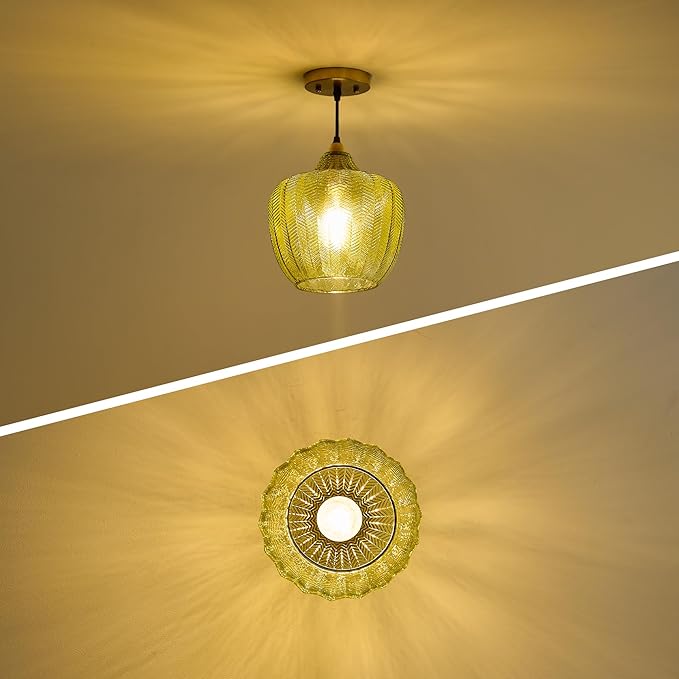 Modern Gold Pendant Light, Green Glass Farmhouse Kitchen Island Pendant Light Fixture Adjustable Vintage Hanging Ceiling Light for Dining Room Corridor 9.45 inch 1 Pack, UL Certification