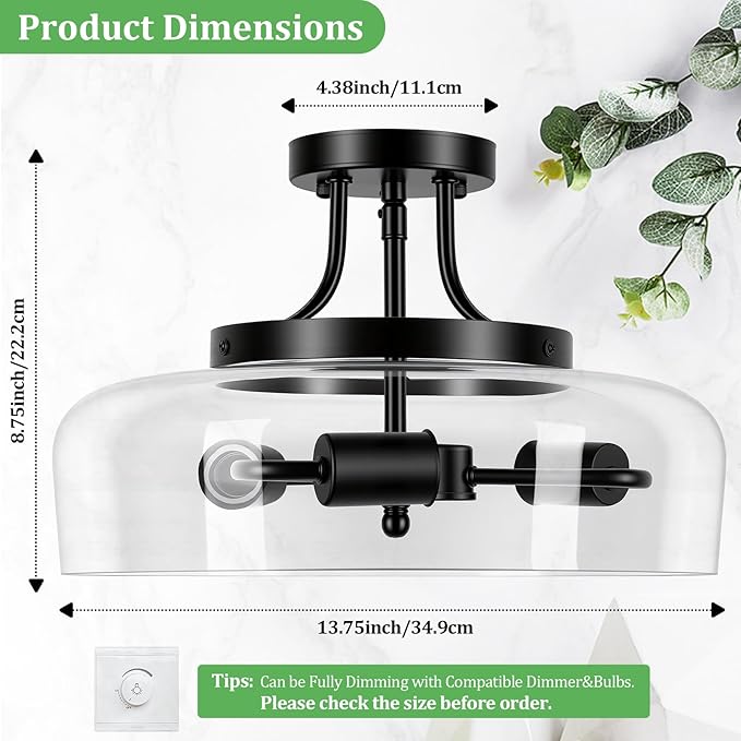 Modern Industrial Semi Flush Mount Ceiling Light with Clear Glass Shade, 3-Bulb Black Ceiling Light Fixture for Kitchen Bedroom Living Room Porch Hallway Entryway, E26 Socket, Bulbs Not Included