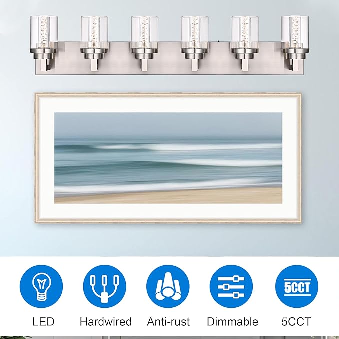 MELUCEE 6-Light LED Bathroom Light Fixtures, Modern Brushed Nickel Bubble Crystal Vanity Lights with Clear Glass Shade, Dimmable 5CCT Wall Sconce Lamp for Bathroom Restroom, Built-in Led Chips