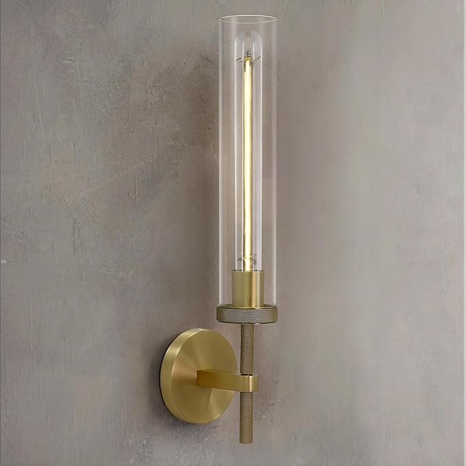 Brass Sconces Wall Lighting, 19" Tube Glass Gold Sconces, Bathroom Wall Sconces Lighting Vanity Lights Wall Lights for Living Room, Hallway, Fireplace, Staircase