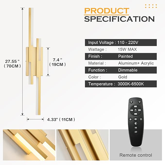 Benkut Modern LED Wall Sconce Gold Remote Wall Light Fixtures for Bathroom, Dimmable Vanity Light Indoor LED Remote Wall Sconce for Bedside Bedroom Living Dining Room (27.6inch 3000-6500K 1 Pack)