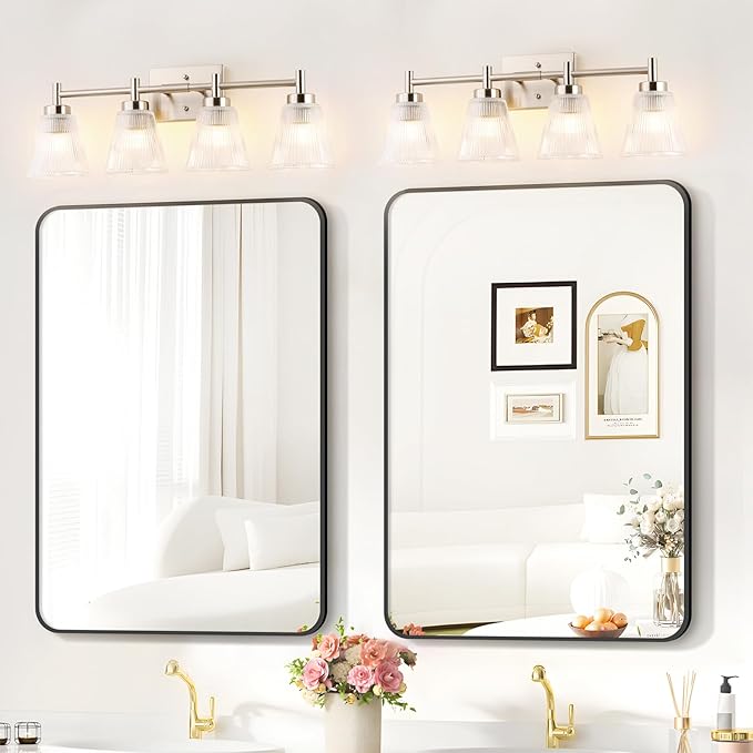 OCIOC 4-Light Vanity light fixtures, Brushed Nickel Vanity lights over mirror makeup light wall sconces with clear Striped glass shade, Bathroom lighting fixtures for Living room, Bedroom, Kitchen